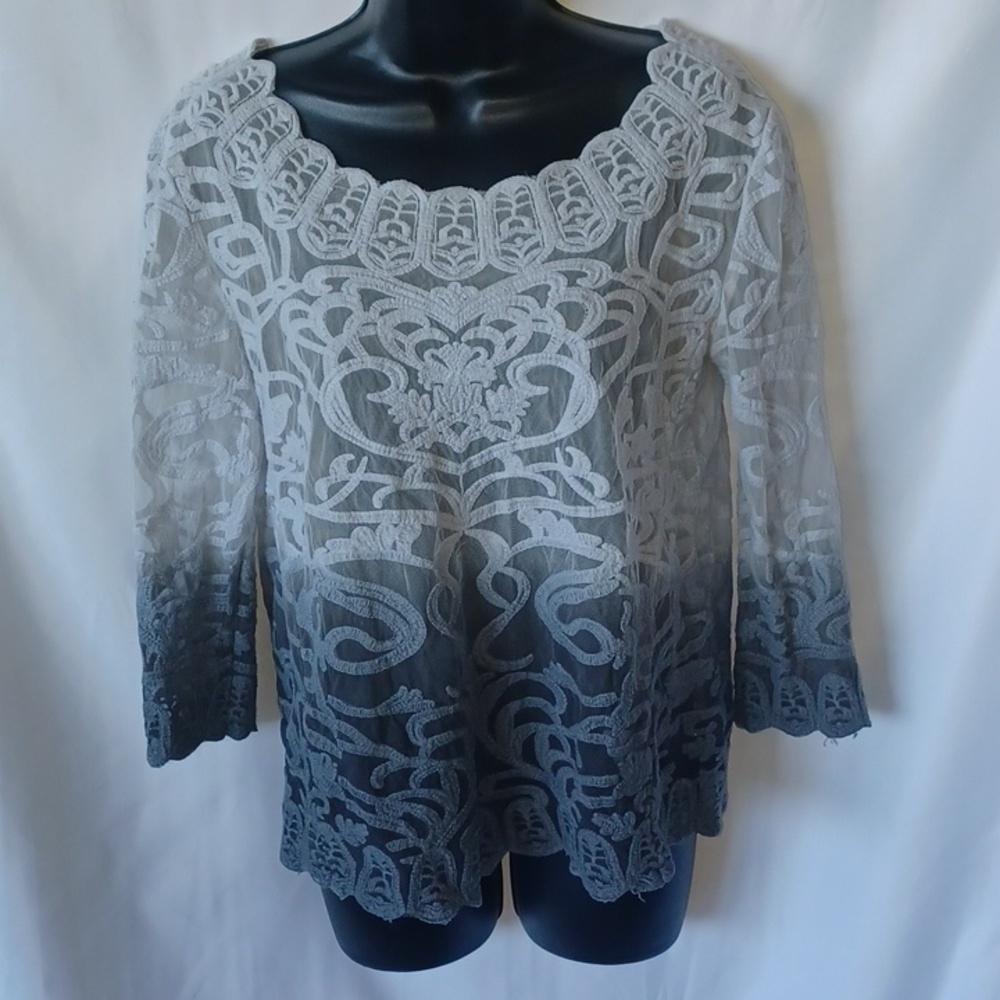 Meadow Rue Anthropologie Lace Ombré Blouse, gray, semi-sheer, SP